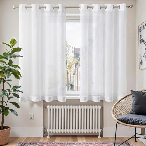 TOPICK Voile Mit Ösen Gardine Vorhang Voile Kurz Sheer Vorhänge Transparent Gaze Paarig Ösenschals für Wohnzimmer Schlafzimmer Küche 145 cm x 140 cm(HxB) 2er - Set Weiß