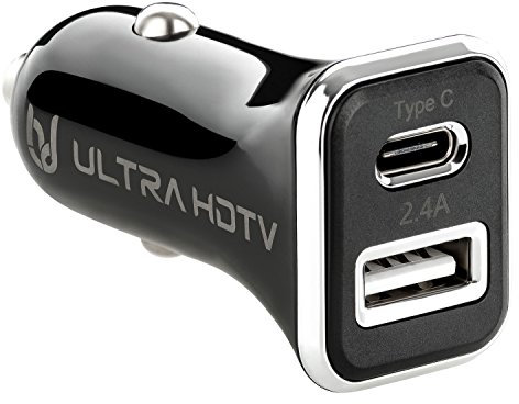 Ultra HDTV USB Auto-Ladegerät, Dual Port (USB-C & USB-A), 12-24V, 2.4A, Schnelllade-Adapter für Smartphones, Schwarz