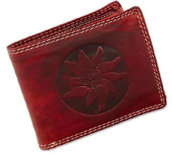 Herren Geldbörse Portmonee Portemonnaie Geldbeutel Leder Edelweiß Blume Rot