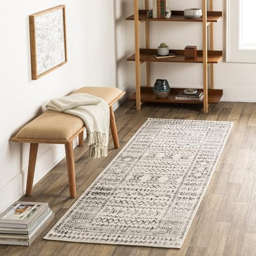 Livabliss Tokyo Teppich Wohnzimmer Boho, großer Teppich Schlafzimmer 80x220 cm - Teppiche für Esszimmer mit geometrischem Muster, Skandinavischer Wohnzimmerteppich modern in Elfenbein, Grau, Schwarz