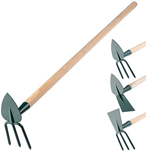 KADAX Hacke, Gartenhacke, Doppelhacke für Garten, zum lüften lockern und jäten des Bodens, Gartenzubehör aus Metall, Unkrauthacke zum entfernen von Unkraut (groß, 3 Zinken - Herz, mit Holzstiel)