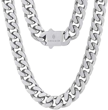 KRKC&CO 14mm Panzerkette, Weißgold plattiert Cuban Link Chain, Edelstahl Panzerkette Herren Kubanische Gliederkette, Herren Hip Hop Kette für Männer Jungen Größe 61cm