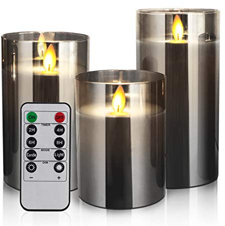 LED Candles, Flameless Candle, with Embedded Starlight String Wiht 10-Key Remote and Cycling 24 Hours Timer Set of 3, Dancing Flame, Real Wax, Battery-Powered(Gray)