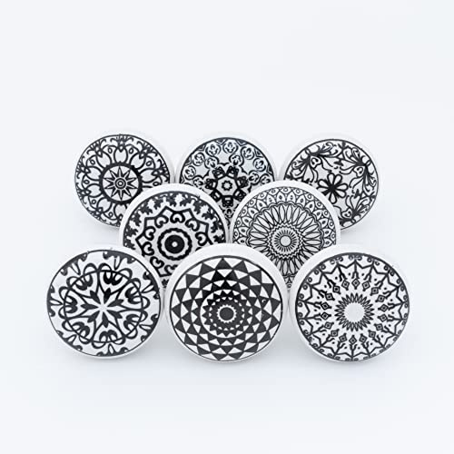 ETHNICITI 8 x Round Black & White Handmade Geometric Ceramic Door Knobs Cupboards Drawers Cabinets Wardrobe Assorted Vintage Shabby Chic Kitchen Bedroom Living Room Furniture Dressers Pulls Handles