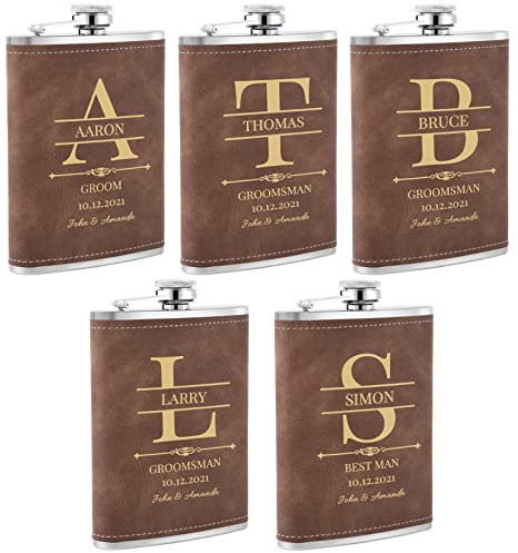 Petacas de Alcohol Personalizados, un Paquete de 5 Cantimplora a Medida 8oz/227ml como Regalo para los Padrinos de Boda, Frasco de Bolsillo Personalizada para Despedidas de Soltero y Bodas(Marrón)
