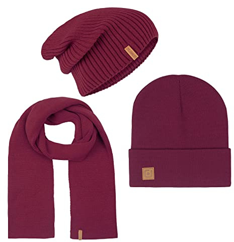 riverso Herren RIVGordon Slouch Beanie Mütze Schal Sets Winterset Outdoormütze Winterschal Unisex 3 in 1 Winter Herbst Einfarbig Einheitsgröße Schwarz Grau Grün Blau Braun Rot