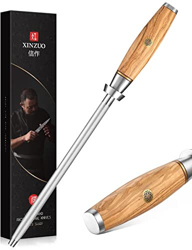 XINZUO Chaira de Diamante 36.2cm, Profesional Afilador de Esmeril Ovalada Sacapuntas Acero de Alto Carbono, Para Afilar Varios Cuchillos de Cocina -Mango de Madera de Olivo -Serie Lan
