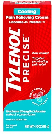 Tylenol Precise Cream, Cooling Sensation Pain Relief, Roll‑On, Lidocaine 4%, Menthol 1%, Targeted Maximum OTC Strength Combination for Back, Muscle and Joint, Numbing Cream Rollerball Applicator, 4 oz