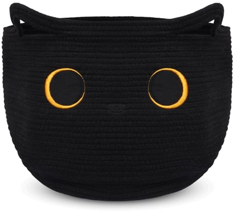 Hkojewp Cute Black Cat Round Basket - Cotton Rope Baskets Large Baby Laundry Blasket for Nursery, Woven Blanket Basket Hamper With Handle Toy Storage Basket for Gifts, Baby Shower 14 ×12 inchs 30.5L