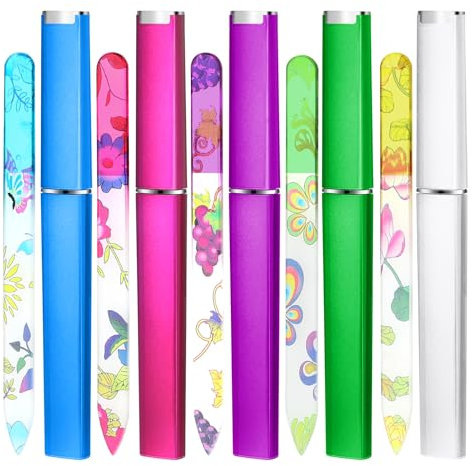 5 Pack Glass Nail File with Case Crystal Nail File Buffers Mixed Color Double Sided Glass Fingernail Files Cuticle Pusher Manicure Set for Women