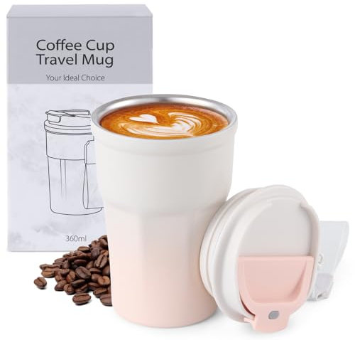 PRAOAHEI Thermobecher 360ML Kaffeebecher to Go Auslaufsicher Travel Mug, Edelstahl Doppelwandig Isoliert 12oz Reisebecher Autobecher mit Deckel, Coffee to Go Warmhaltend, Rosa Weiß