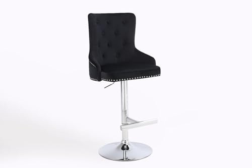 Luxury Velvet BarStools Kitchen Breakfast Bar Chair Swivel Bar Stool Velvet Chairs High Barstools Adjustable with Backrest, Armrests and Footrest for Home (1, Black / Silver Base)