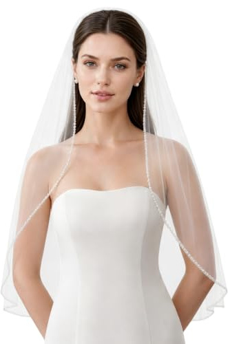 GAODESI Wedding Veil Pearls and Crystals Beaded Edge 1 Tier Fingertip Length Bridal Veil