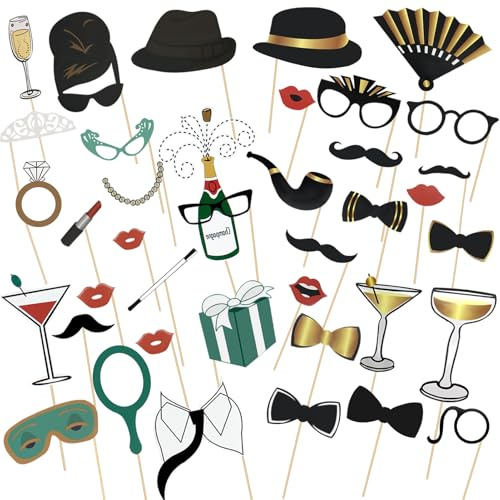 40 Stück Foto Requisiten Hochzeit, Fotobox Accessoires Geburtstag, Party Photo Booth Props, Hochzeit Zubehör mit Sticks und Aufklebern, Geeignet für Geburtstag, Hochzeit, Party