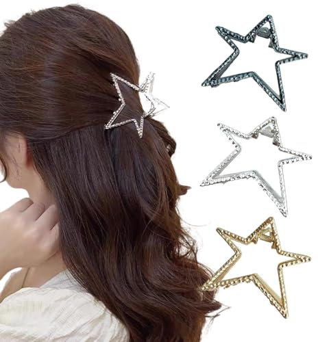 Ypkia 3 pinzas para el pelo de metal Y2k con forma de estrella, pinzas para el pelo para mujeres y niñas (plata, oro, negro)