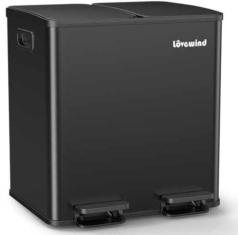lovewind Pattumiera da Cucina, Pattumiera da Cucina 2 * 15L, Pattumiera Doppia per Riciclaggio e Rifiuti, Argento, Pattumiera in Acciaio Inossidabile con Coperchio e Secchi Interni, Grande