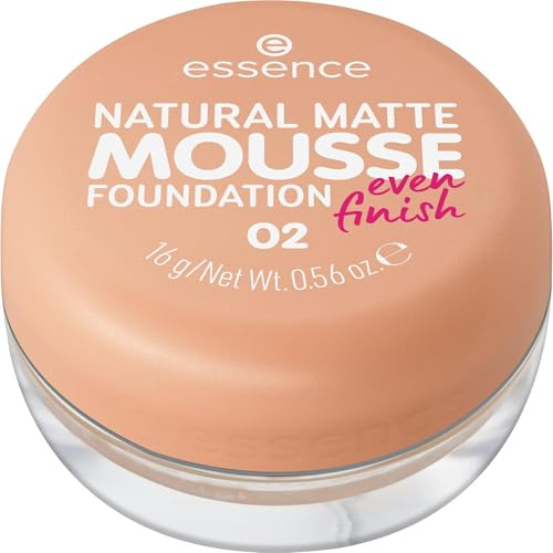 essence cosmetics NATURAL MATTE MOUSSE FOUNDATION, Nr. 02, Nude, mattierend, abdeckend, Expressergebnis, matt, vegan, ölfrei, ohne Parfüm, ohne Alkohol, 5er Pack (16g)