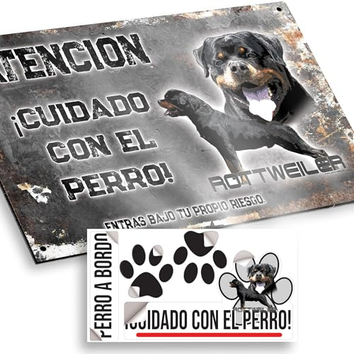 Perro Rottweiler Cartel de Cuidado con el Perro 20x12,5cm - Diseño Vintage Dibond con Pegatina Coche Premium 20x5cm