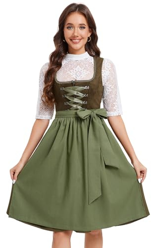 YesFashion Dirndl Damen Midi Dirndl-Komplettsets Trachtenkleid Kurz mit 3 Teilig inkl. Dirndlkleid Dirndlbluse Dirndlschürze Trachtenmode für Oktoberfest Gr.34-52 Armeegrün 36