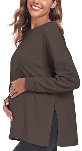 Love2Mi Haut de maternité à manches longues pour femme - Coupe ample - T-shirt de maternité fendu sur le côté - Haut d'allaitement, gris, S