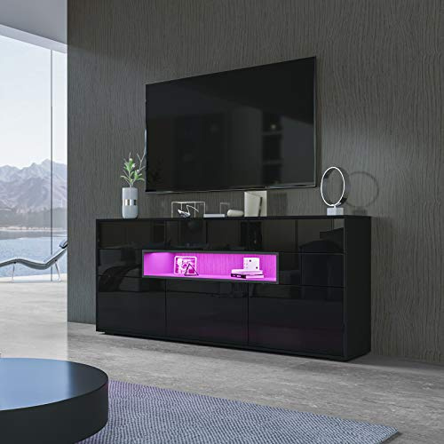 Buffet LED moderne avec rangement – Meuble TV brillant avec 3 portes et 5 tiroirs pour le salon