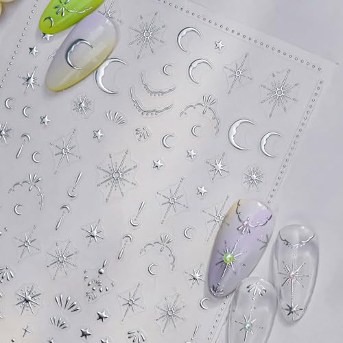 Mond Sterne Nagelsticker Silver 2 Blatt - Selbstklebend Nail Art Sticker für Nageldesign - Nagelaufkleber - Nagelcharms - Nagelsticker Silver Bronzing.