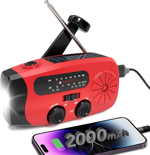 Wind Up Solar Radio, Emergency Portable Hand Crank Radio with LED Torch, AM/FM, Phone Charger, 2000mAh Solar and Hand-Crank Charging, SOS Alarm for Camping Hiking (Red)