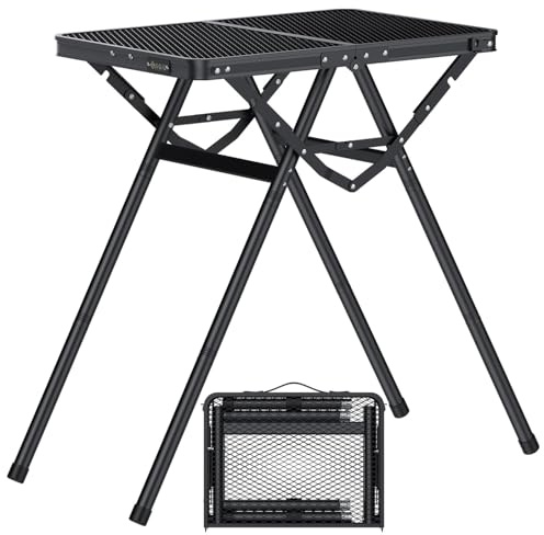 JiGiU Mesa Plegable de Camping 60X40X24.5/47.7/71cm Altura Ajustable | Mesa de Malla de Aluminio Estructura en Forma de X Soporte Máxima 80KG para Interior Exterior Senderismo Barbacoa Playa