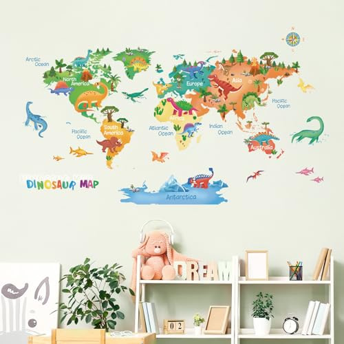 fufuquare Bunte Karikatur Dinosaurier Weltkarte Wandaufkleber, Kreative Einfache Wahrnehmung Abnehmbare Wandtattoos für Kinderzimmer Schlafzimmer Wohnzimmer Klassenzimmer