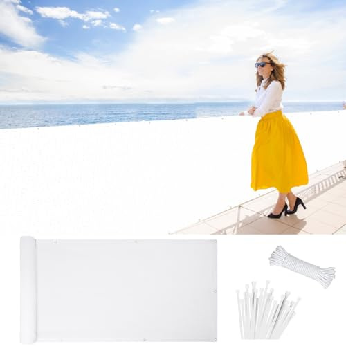 Balkonsichtschutz Sichtschutz 50 x 200 cm HDPE Balkonbespannung mit Kabelbinder Atmungsaktiv Sonnenschutz Netz, Balkonverkleidung mit Seil für Gartenanlagen, Camping, Weiß