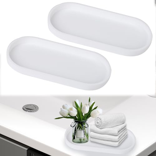 2 Stück Deko Tablett für Badezimmer 24.5*11*2cm Kosmetik Tablett Badezimmer | Ablageschale Oval Badezimmer Tablett Silikon für Waschbecken, Schminktisch, Küchenspüle, Schlafzimmer, Badewanne, Weiß