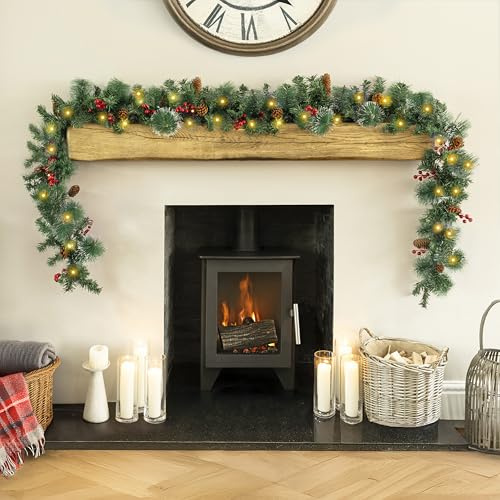 Marco Paul 9ft Luxury Pre-Lit Christmas Garland with 100 Warm White LEDs, Snow-Tipped Mixed Pine Foliage, Pinecones & Red Berries – Battery Operated Garland with Timer for Stair & Fireplace Decor