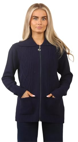 Women’s Zip Up Cable Knit Cardigan – Chunky Knit Jumper with Pockets | Soft Warm Ladies Winter Zip Through Sweater | Long Sleeve Collared Knitwear Jacket for Autumn & Casual Wear