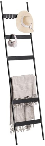 6 Tier Towel Ladder with Wood Grain Accents, Metal Leaning Towel Rack