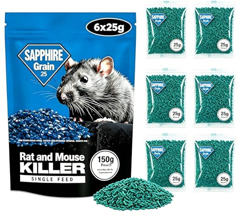 Rat Poison Super Strength (6 x 25g) - Rat Bait & Mouse Poison, Single Feed Sachets, Fast Acting Brodifacoum Whole Wheat Grain, Rat Killer for Indoor Household Rodent Control