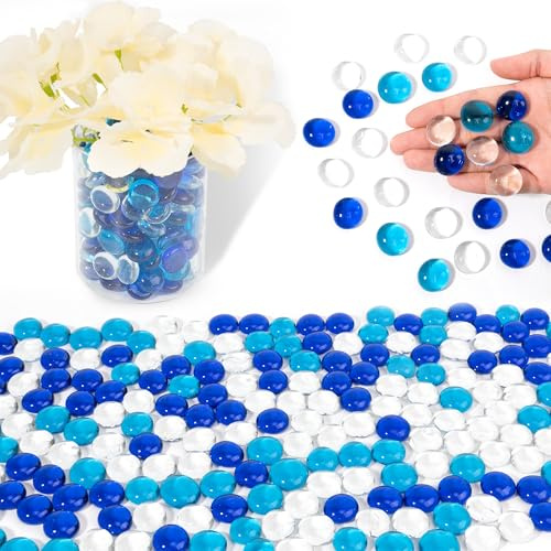 Glass Beads for Vases, 0.97lb Decorative Vase Filler Beads Gems, Flat Marbles for Flower Holder, Crafts, Mancala Stones, Flat Glass Marbles Pebbles for Aquarium Decor, Fish Tank, Mixed Blue and Clear