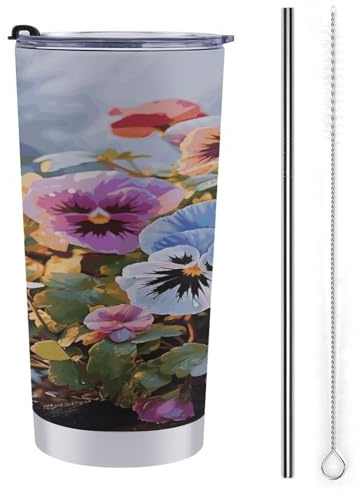 YUXBVKRS Pansy Flowers Insulated Coffee Cup 20 Oz (590ml) Double Wall Stainless Steel Travel Mug with Lid & Straw for Hot and Cold Drinks Family Friends Personalized Gifts