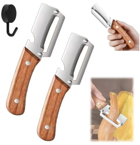 Multi-Functional Stainless Steel Vegetable Peeler with Hook, Ergonomic Potato Peeler & Fruit Slicer with Wooden Handle and Bottle Opener, Easy Grip Kitchen Tool (2pcs)