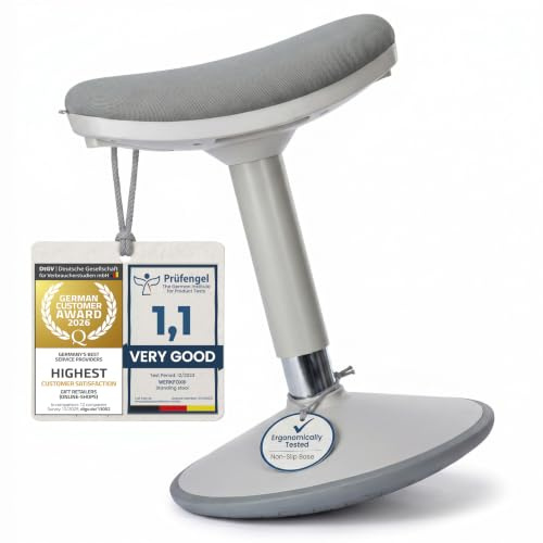 Werkfox® Ergonomisk Ståpall Höjdjusterbar – Gungpall med Svängeffekt | Halkfri ståstol i 3 storlekar – aktiv sittning för ståbord och hemmakontor, grå, stl L