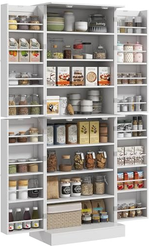 HOMCOM Alacena de Cocina Alta, Armario Despensa Cocina Moderno con 4 Puertas con Estantes, Estantes Ajustables, Alacena para Sala de Estar, Comedor, Blanco