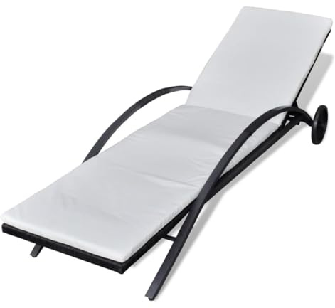 HFXHIJXQ Sdraio da giardino in polyrattan, regolabile con ruote e morbida imbottitura, sedia a sdraio per giardino, terrazza e balcone, 199,5 x 65 cm, nero/bianco crema