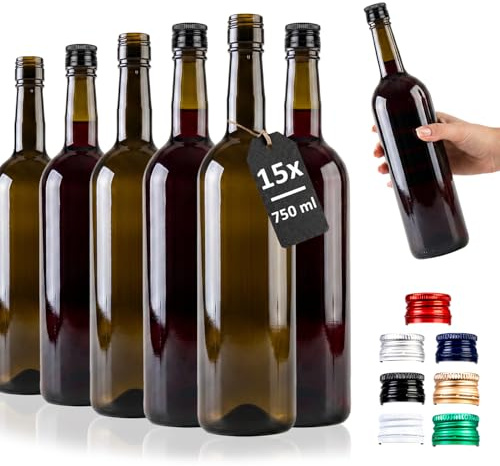 SUPERBUTELKI.PL Bottiglie vuote bordeaux da 750 ml con tappo a vite per vino, liquori, succhi e conserve, 15 pezzi