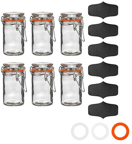 Argon Tableware Glass Spice Jars with Airtight Metal Clip Lid & Chalkboard Stickers - 70ml/2.5oz - 6 Pack - 4 Colour Seals - Kitchen Storage Container Round Preserving Jar for Spice, Seasoning