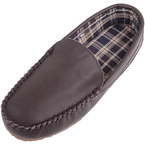 SNUGRUGS Mens Slip On Smart Leather Moccasin Loafer Slipper, Fabric Tartan Inner, Chocolate, UK 8