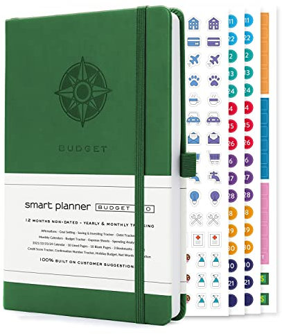 Smart Planner Budget Book – A5 Size 8.6 x 5.7 inches – Undated Budget Planner Organizer with Calendars, Debt Tracker, Expense Sheets, Savings Trackers and More – Inner Pocket for Receipts (Green)