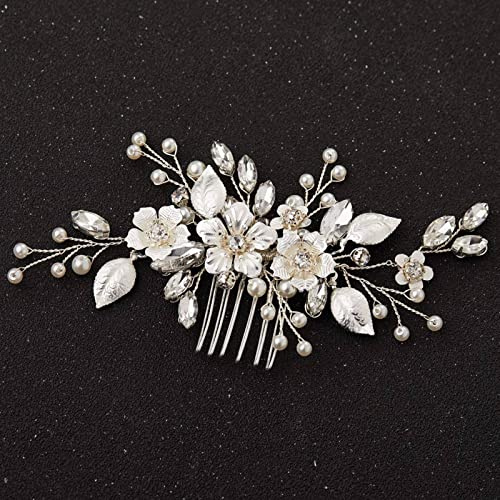 SWEETV Silver Bridal Hair Comb for Wedding Hair Accessories, Handmade with Crystals, Pearls, and Leaves, 4.72 x 2.75 inches, for Brides, Women
