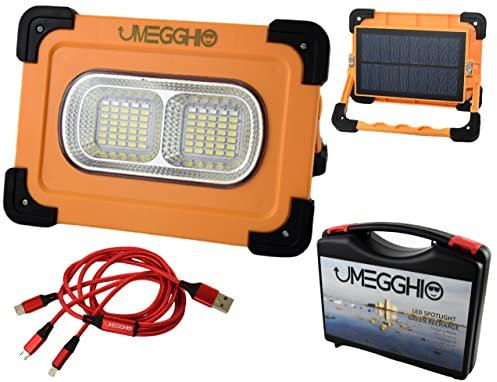 UMEGGHIO Faro Led Ricaricabile 80W, Faretto Solare da Campeggio, Power Bank, 4 Modalità Lampada Led, Luce Portatile da Campeggio, Luce di Emergenza, Cavetto di ricarica 3 in 1 USB