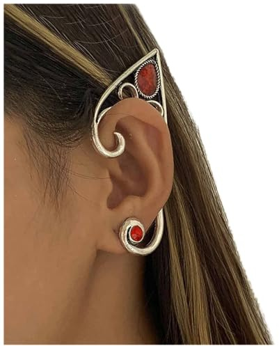 Cimenexe Gothic Elf Ohr Manschetten Ohrringe Retro Elfen Fee Ohrringe Elfen Ohr Crawler Ohrringe Silberne Elfen Kontur Ohrringe Übertriebene Ohrringe Manschette Knorpel Ohrringe Rubin Manschette