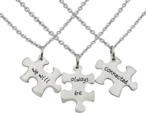 Hanessa 3 Stück Personalisierte Ketten Gravur Edelstahl 50 cm Puzzle we will always be connected in silber - Halsketten Männer und Frauen - Personalisierter Schmuck Herren Damen Freunde Geschwister