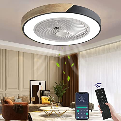Ventilateur de plafond en bois avec éclairage LED, plafonnier ventilateur invisible dimmable avec télécommande, minuterie ventilateur silencieux, plafonnier pour salon chambre chambre d'enfant